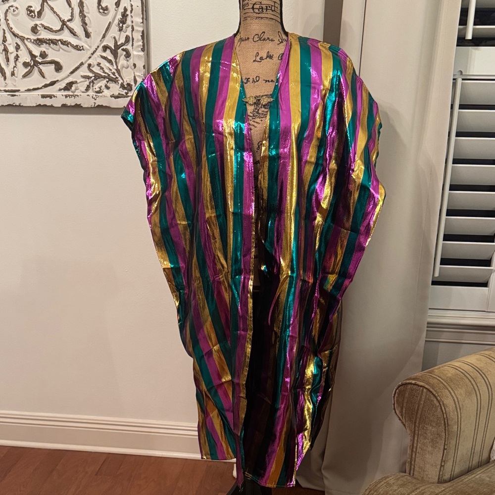 Mardi Gras Kaftan Metallic Lame Fabric Purple Green & Gold Stripes